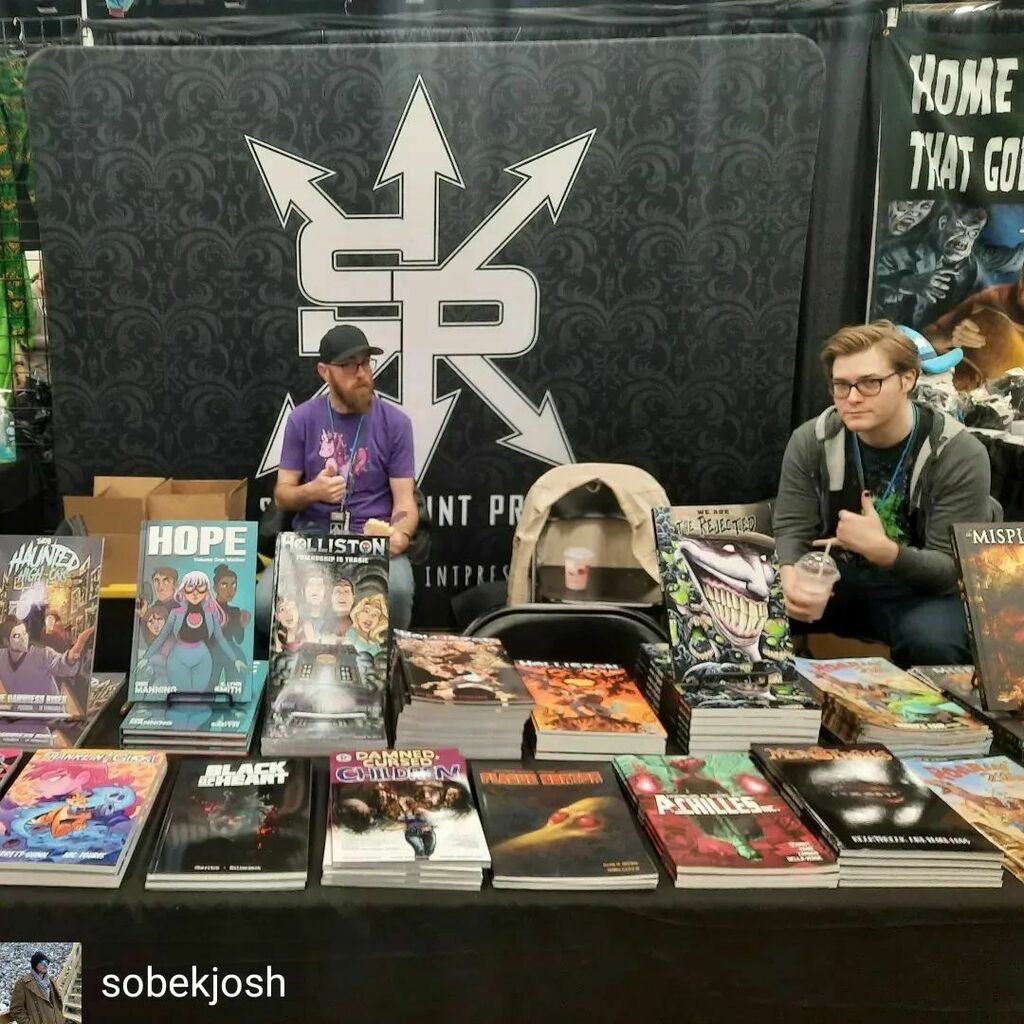 howardwong1's tweet photo. Reposted from @sobekjosh Day 2 of Indiana Comic Con has begun!
Damned, Cursed Children trade paperback is at Indiana Comic Con and other fine Source Point Press titles. Go get 'em!
#SourcePointPress #DeepWaterGames #OxeyeMedia #IndianaComicCon #ComicC… https://t.co/38mzNp7h3X https://t.co/GNzM43oFYH