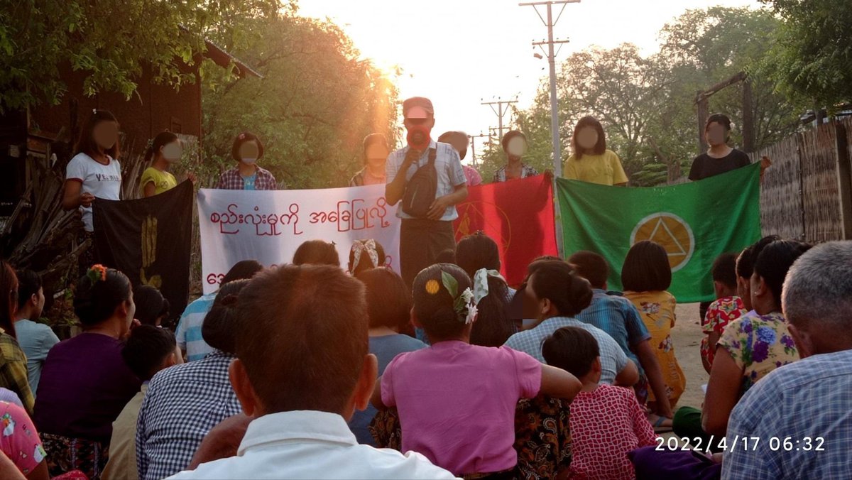 TTFR__Myanmar's tweet photo. Myaing Basic Educational General Strike Committee staged the early morning protest to show their strong opposition to Junta. #EasterEggStrike 
#PrayForMyanmar 
#2022Apr17Coup 
#WhatsHappeningInMyanmar https://t.co/6Igym90qpt