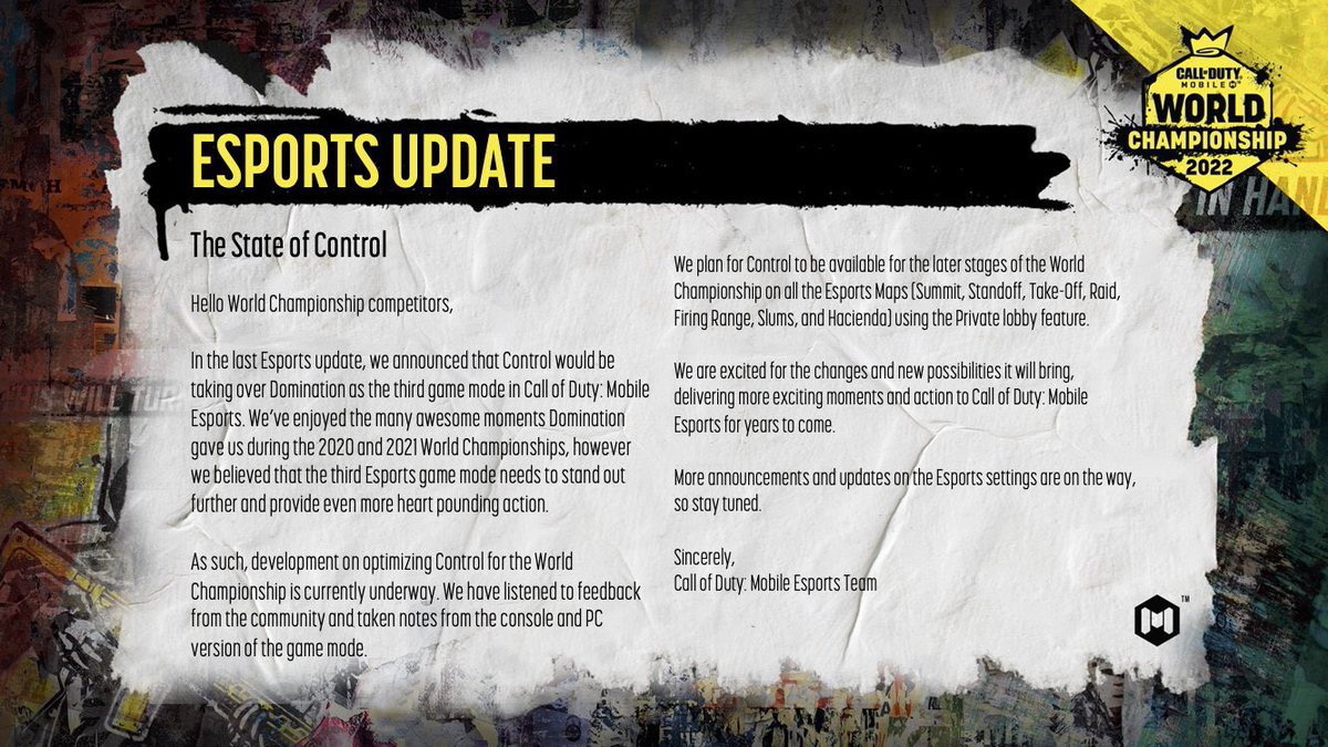 INTELCoDMobile's tweet photo. // 🚨 ESPORTS UPDATE - Control Set to be Optimized into a more playable &amp; competitive option as the 3rd Game Mode for this year’s World Championship. https://t.co/Duri7XY3Io