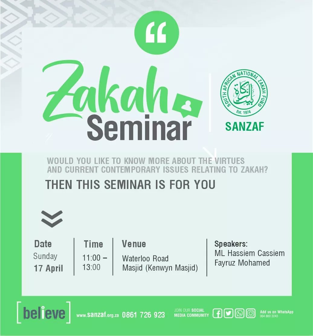 SANZAFSA's tweet photo. Join us today to learn about the virtues of Zakah. 

#Believe #Ramadan #Zakah https://t.co/Ep578OxlT5