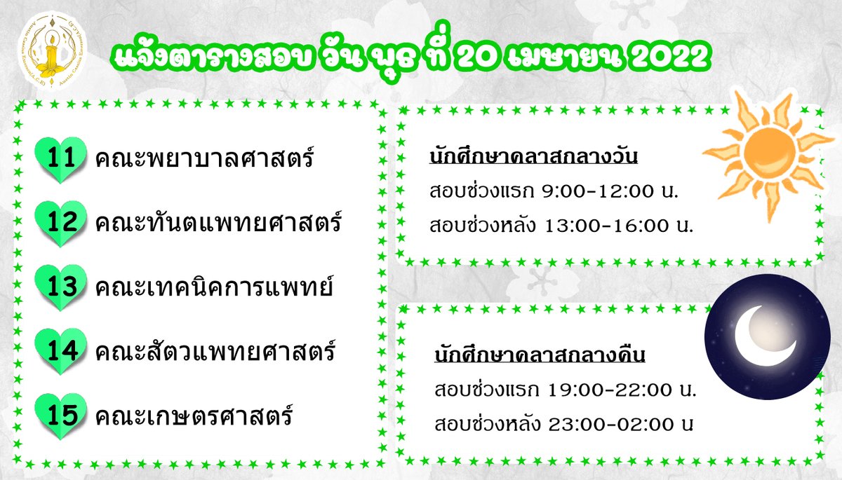 acecommu0's tweet photo. ประกาศคณะที่จะทำการสอบในวันนี้ทั้ง 5 คณะ และช่วงเวลาในการสอบตามช่วงเวลาที่เลือกเรียน

ยังเหลือการสอบกลางภาคครึ่งหลังอีก 3 วัน ขอให้นักศึกษาที่สอบครึ่งแรกไปแล้วเตรียมตัวสำหรับการสอบครึ่งหลังด้วย

ในระหว่างการสอบงดการใช้เครื่องเสียง หรือทำกิจกรรมที่อาจกระทบกับสมาธิของผู้เข้าสอบ https://t.co/rbXJJlkBYl