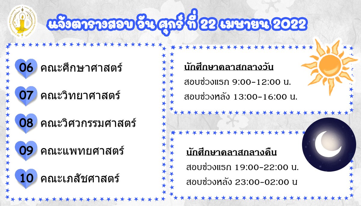 acecommu0's tweet photo. ประกาศคณะที่จะทำการสอบในวันนี้ทั้ง 5 คณะ และช่วงเวลาในการสอบตามช่วงเวลาที่เลือกเรียน

ยังเหลือการสอบพรุ่งนี้อีกหนึ่งวัน นักศึกษาที่เตรียมตัวฉลอง อย่าเผลอชวนเพื่อนที่ยังสอบไม่ครบไปเที่ยวดึก หรือชวนดื่ม และอย่าลืมเตรียมโปรเจคจบเทอมของตัวเองกันด้วยล่ะ~! https://t.co/HYzzZzcfQL