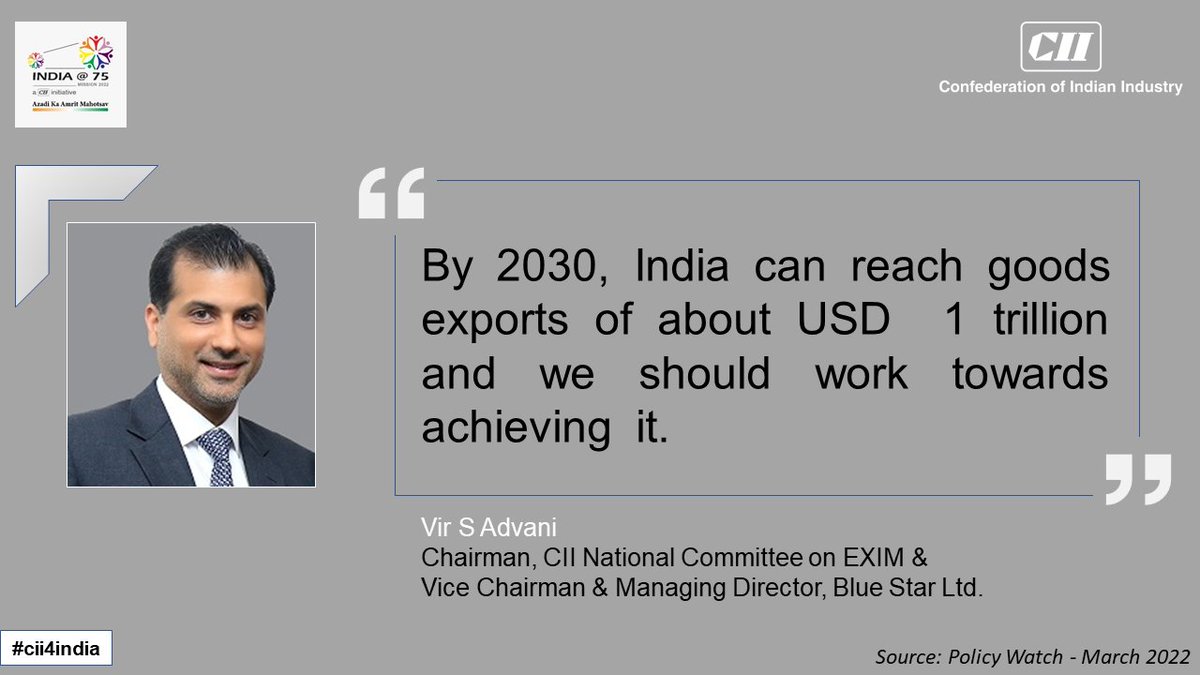 FollowCII's tweet photo. Mr Vir S Advani, Chairman, CII National Committee on EXIM identifies key products with high potential that India should focus on to achieve target of USD $1 trillion worth of #exports. Read more in this exclusive interview in #CIIPolicyWatch➡️ https://t.co/742QbgeQPa #CII4Exports https://t.co/47bNeHoFTw