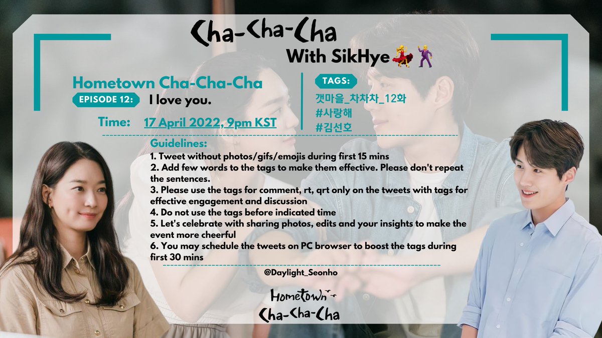 ksh_sasianfc's tweet photo. Dear Seonhohada,

You are invited to celebrate our weekly event "ChaChaCha With SikHye💃🕺"
tonight at 9 PM KST. Let's cherish the moments of Homcha EP12 following hashtag below. Pls join💙

갯마을_차차차_12화
#️⃣사랑해
#️⃣김선호 https://t.co/y8FrgdDIHG