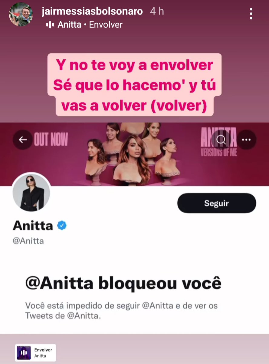 Jajajajaja, Anitta bloqueó a Bolsonaro y el Presidente sube una historia a ig con la canción de ella parafraseada.