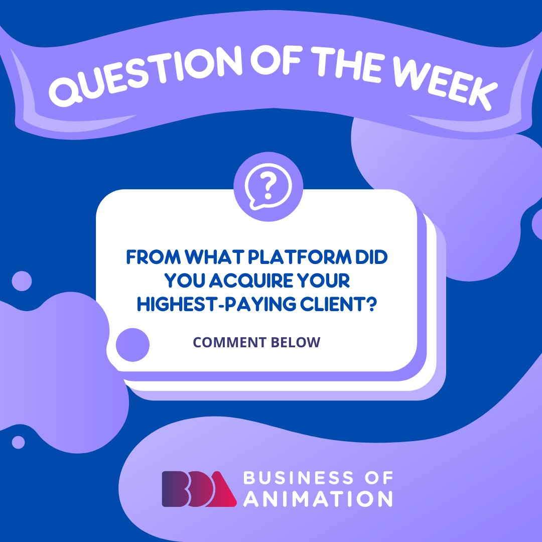 animationbiz's tweet image. For our question of the week:

From what platform did you acquire your highest-paying client?

Leave your answers in the comments section below!

#AnimationProject #AnimationProjects #AnimatedProject #AnimationClient #AnimationOutput #AnimationPay #AnimationEarnings
