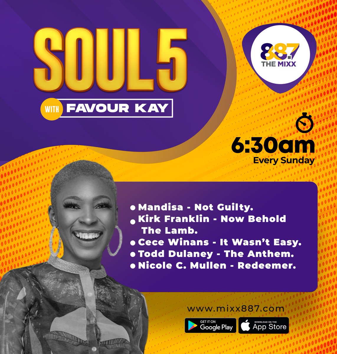 TheMixx887's tweet photo. Happy Sunday Mixxers! Rise and shine on the #MorningMixxx w/ @Favourkay1. Let's vibe to these soulful gospel Songs on #Soul5 live on #TheMixx887 ๐ https://t.co/3HGtRQ4FGn
