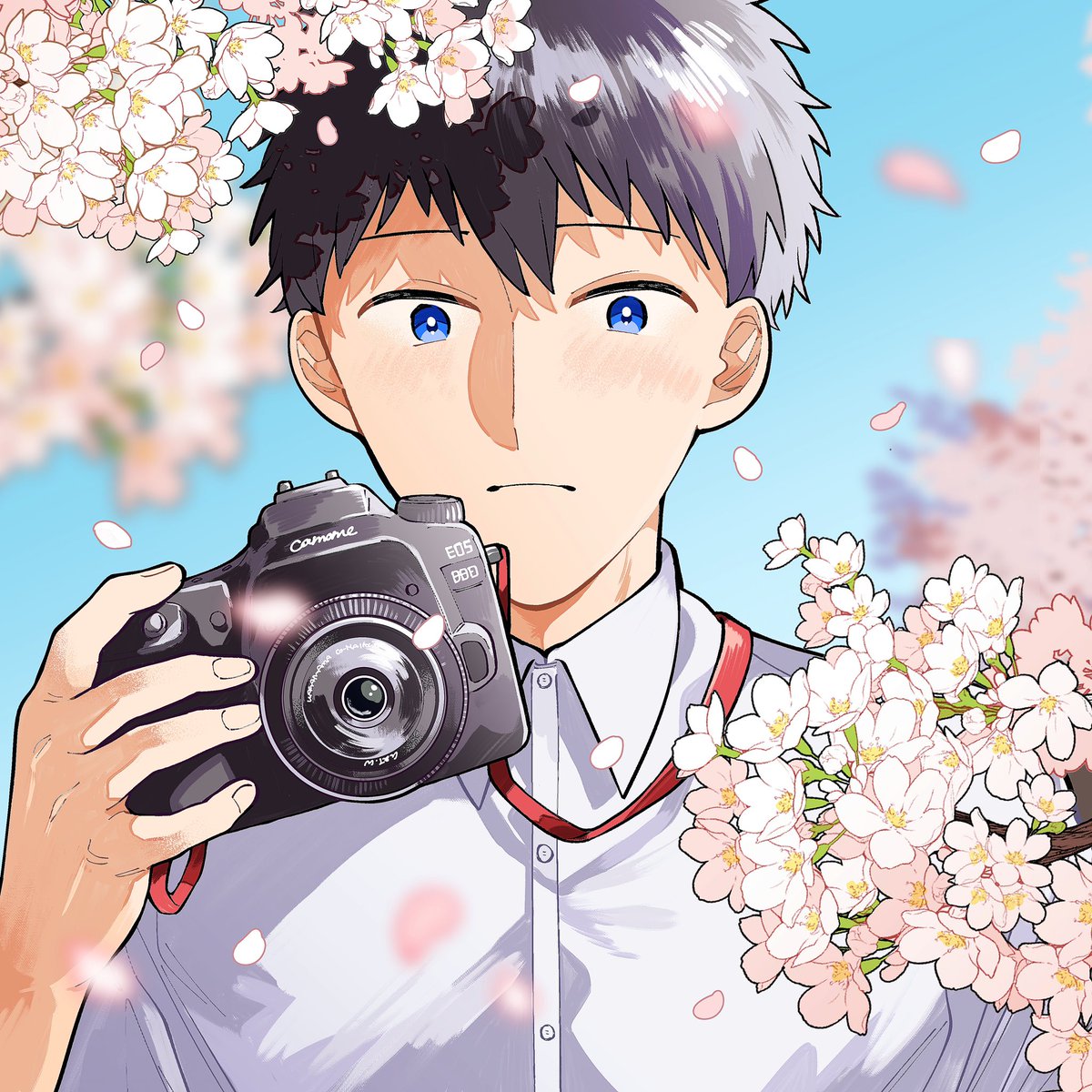 1boy male focus blue eyes solo camera cherry blossoms holding  illustration images