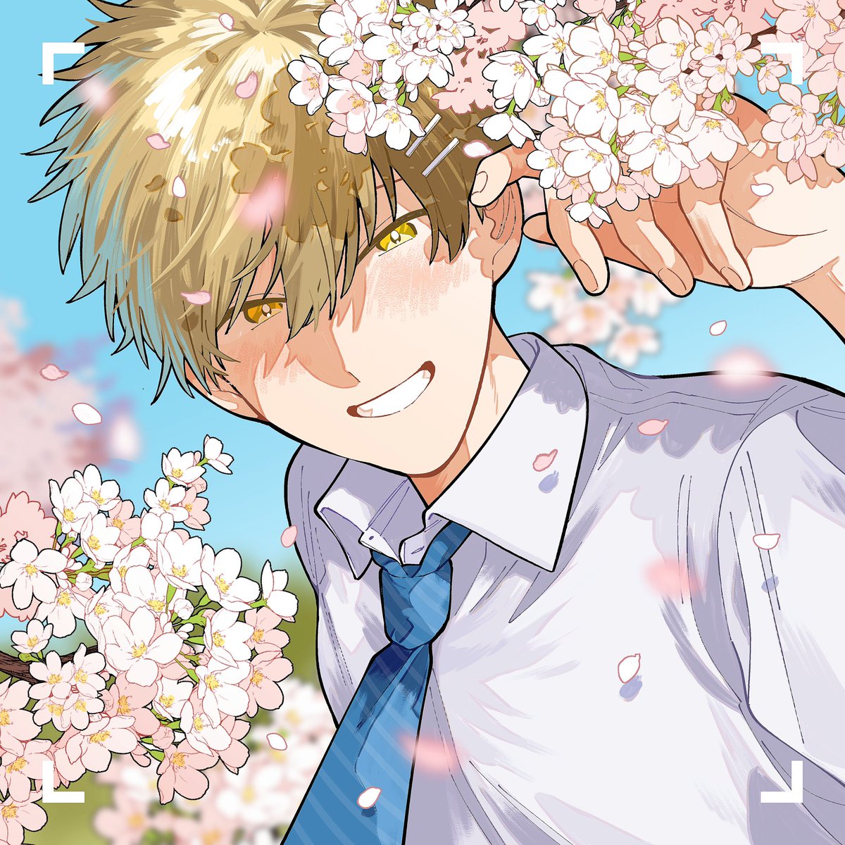 1boy male focus blue eyes solo camera cherry blossoms holding  illustration images