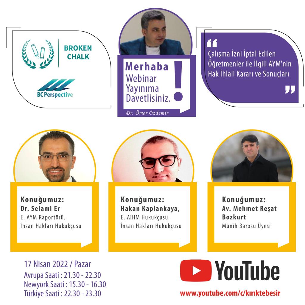 #KHK ile çalışma izinleri iptal edilen #öğretmenler ile ilgili <a href="/AYMBASKANLIGI/">Anayasa Mahkemesi</a> tarafından verilen ihlal kararı ne anlama gelmektedir?

Moderetor:<a href="/omerozdemir_dr/">Dr. ÖmerÖzdemir</a>
Hukukcular:<a href="/ResatAv/">Mehmet Reşat Bozkurt LL.M. Augsburg</a>,<a href="/selamier44/">Dr. Selami Er</a>,<a href="/HKaplankaya/">Hakan Kaplankaya</a>

17 Nisan
21:30 Avrupa
22:30 Turkiye
Yayin Linki: youtube.com/KırıkTebeşir