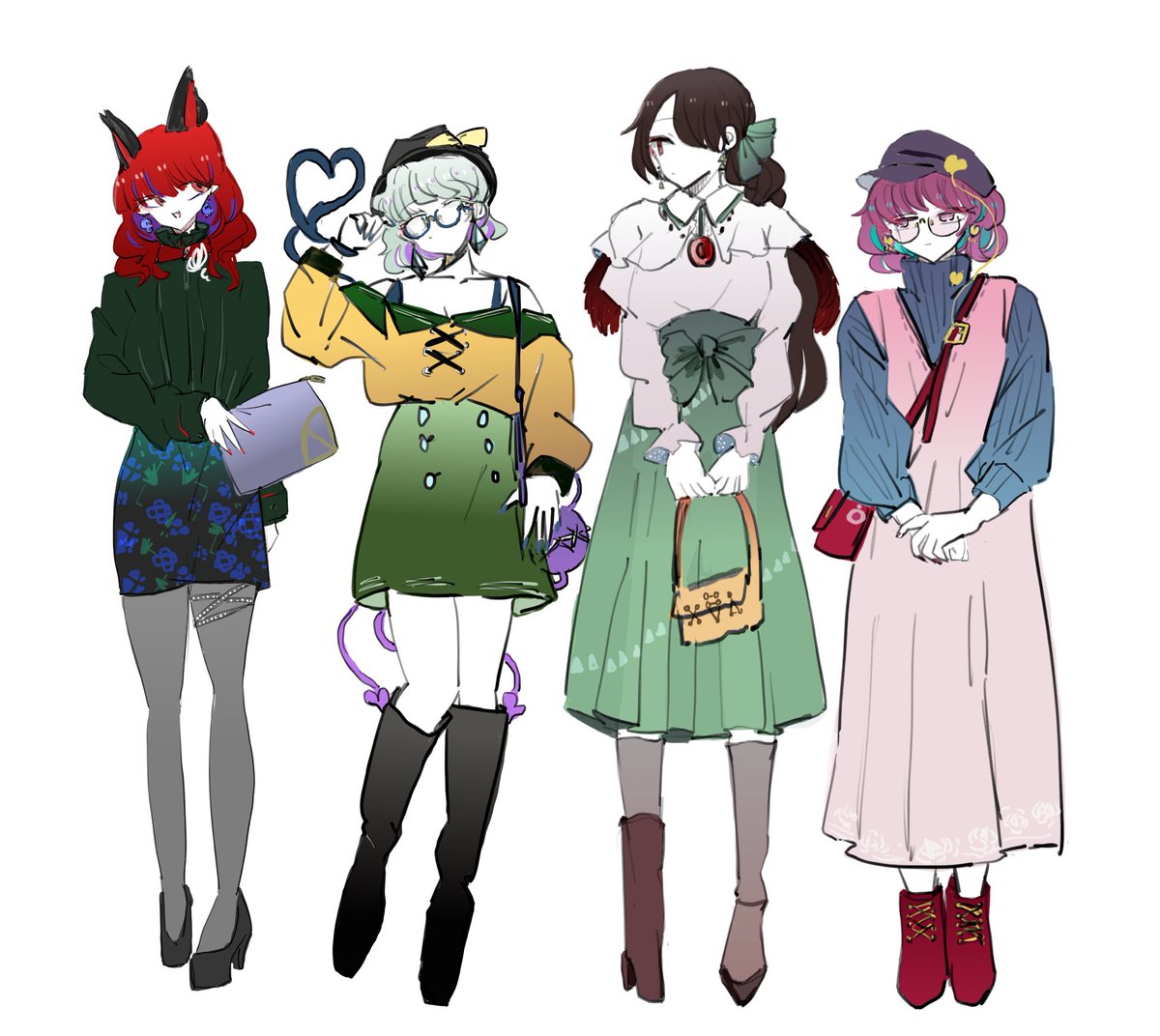 kaenbyou rin ,komeiji koishi ,komeiji satori ,reiuji utsuho 4girls multiple girls skirt green skirt red hair boots hat  illustration images