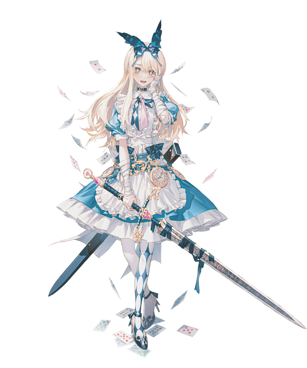 1girl weapon sword card solo long hair bow  illustration images