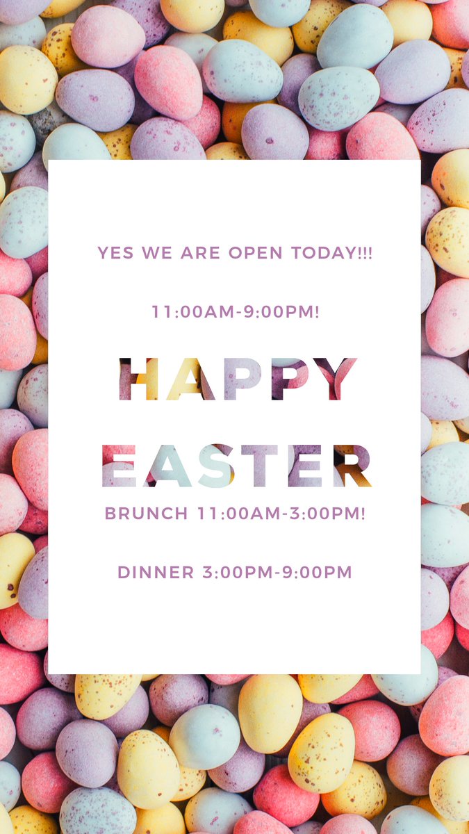 Yes we are open Easter Sunday 11:00am-9:00pm!!

Happy Easter!! Feliz Pascua!

Brunch 11:00am-3:00pm,

Dinner 3:00pm-9:00pm!

See you soon!

#happyeaster #SundayFunday