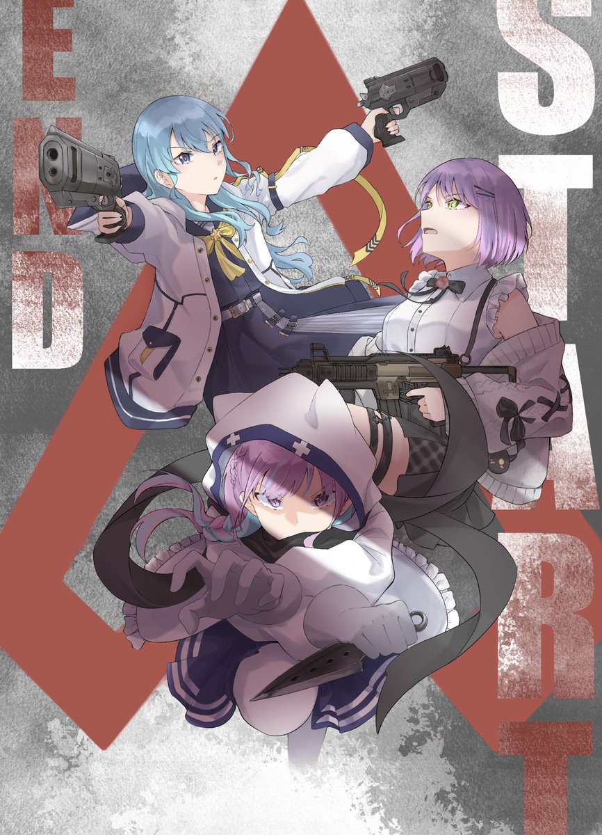hoshimachi suisei ,tokoyami towa gun weapon multiple girls 3girls purple hair holding holding gun  illustration images