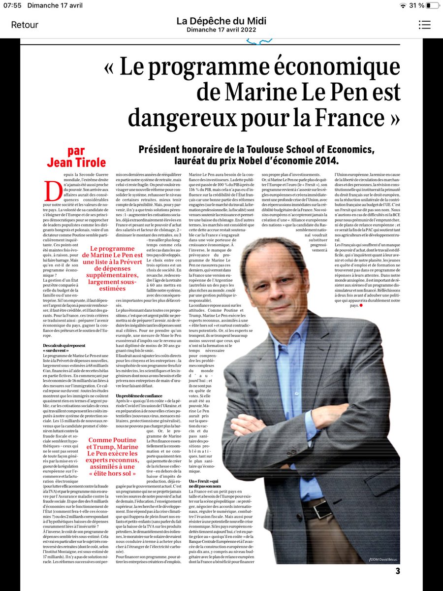 Vous avez tout dimanche pour lire ce texte de Jean Tirole ⁦<a href="/ladepechedumidi/">La Dépêche du Midi</a>⁩  Après vous faites ce que vous voulez 🤔