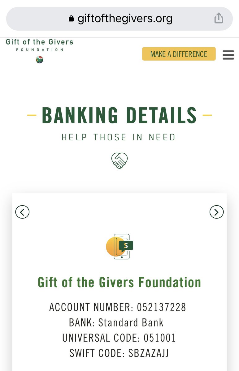 Here is the @GiftoftheGivers monetary donations account details. Take a moment and if you can make a small donation to their daily operations, please do so. Support a great South African cause.