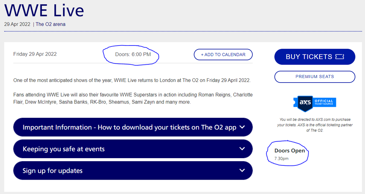 Maff_G's tweet photo. @TheO2 Please can you tell me the door opening times for the WWE Live event on the 29th? The website shows 2 different times.  Also what time does the show itself start and finish please? https://t.co/yDMQrlbycn