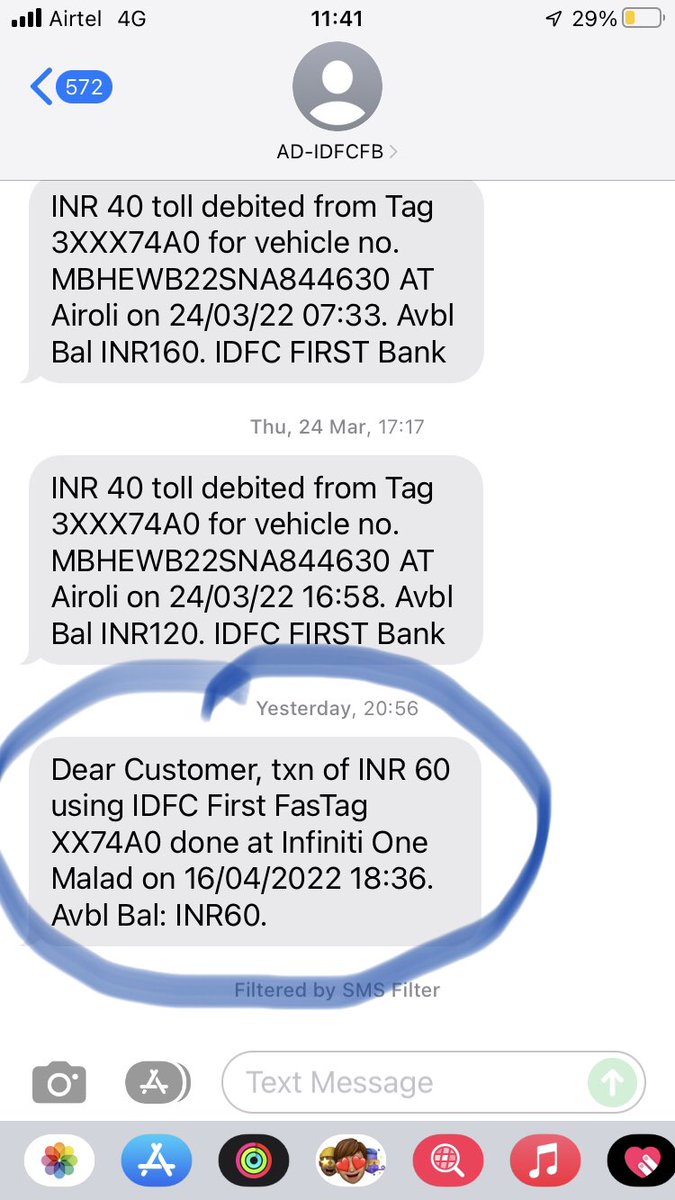 NitinMehendale's tweet photo. #infinitymall 
Yesterday I came by my car with my parents @infinitymall Malad (W) while exit as per parking charges I paid hard cash of Rs  60/- at the same time 60/-deducted from my fast tag (IDFC first fasTag). 
Snapshot of fasTag transaction is attached. https://t.co/WHhoGgrSqU