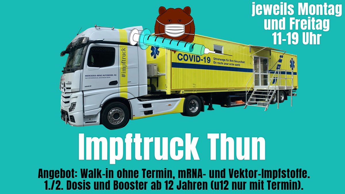 Thomie_ch's tweet photo. Heute ohne Termin im #Impftruck an der Allmendstrasse 132 in Thun impfen oder boostern (beides ab 12 Jahren, unter 12 nur mit Termin): Montag und Freitag von 11:00-19:00 Uhr. mRNA- und Vektor-Impfstoffe. #Bernimpft #Bernboostert
Weitere Impforte hier: https://t.co/w3OteQJlMK https://t.co/p67xiQsKlU