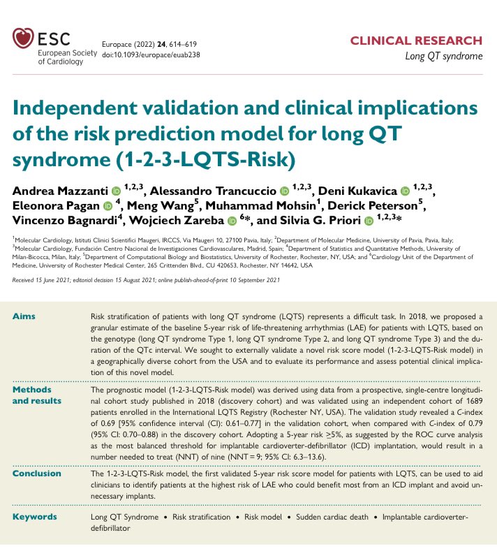 The 1-2-3-LQTS-Risk model, the first validated 5-year risk score model for patients with LQTS, can be used to aid clinicians to identify patients at the highest risk of LAE!
Full-Text: academic.oup.com/europace/artic…
<a href="/ESC_Journals/">European Society of Cardiology Journals</a> <a href="/escardio/">European Society of Cardiology</a>