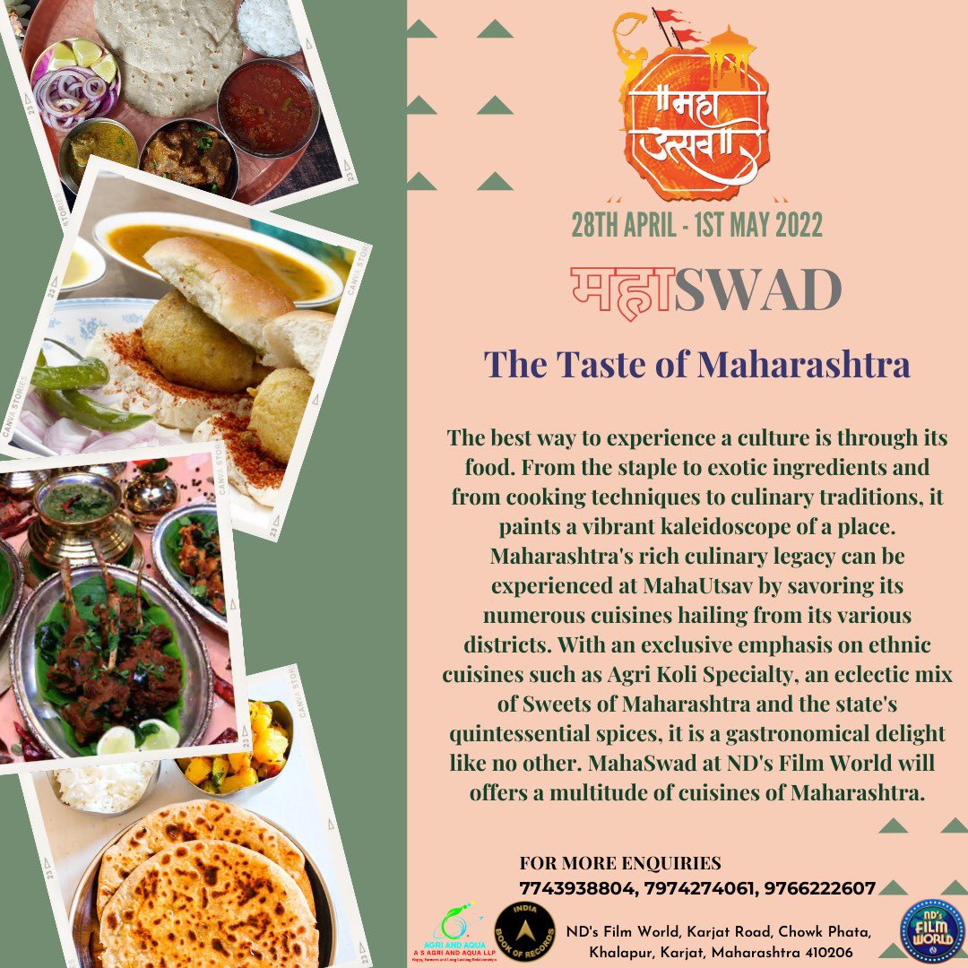 Let's Celebrate the art, culture, tradition, taste and colours of Maharastra exclusively at ND’s Film World MahaUtsav ￼

महाराष्ट्राची गौरव गाथा, चला एन डी ला ￼

Join us from 28th April to 01 May 2022

#mahautsav #ndsfilmworld #nitinchandrakantdesai #maharashtradiwas