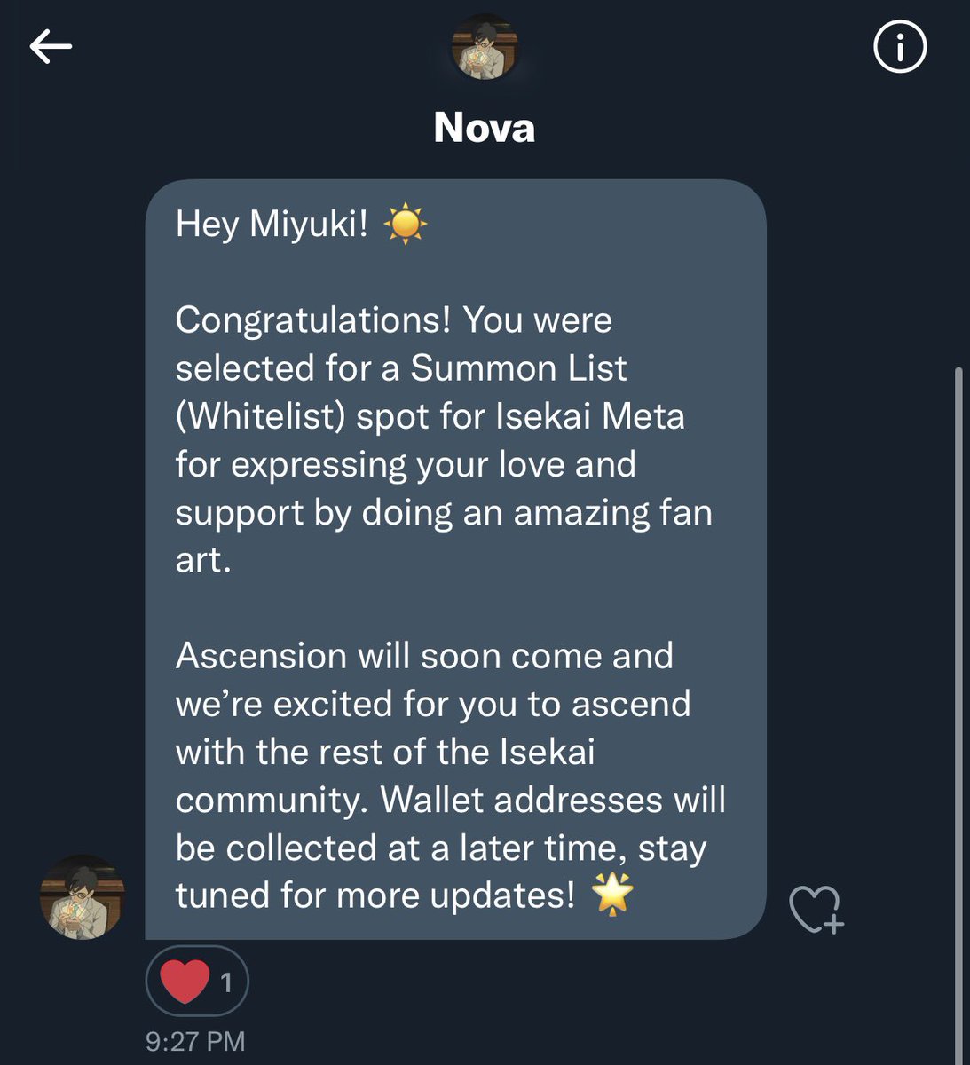 Not trying to brag but having <a href="/Kaaiiru/">Kairu</a> <a href="/itsmeoniii/">fl0win</a> <a href="/Anen0va/">Nova</a> all sending DMs about my fam art truly means so much to me… and to see how they have been taking good care of the community just makes me so bullish on <a href="/IsekaiMeta/">Isekai Meta</a> 🤍

Super thankful and blessed to be on the SL♥️