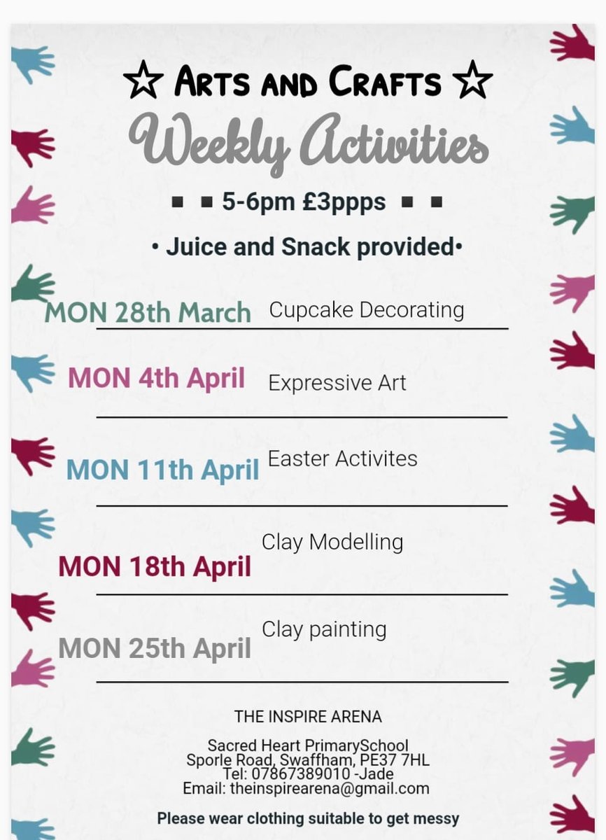 Arts and Crafts 🌟🌟🌟🌟

Week One Cupcake Decorating
Week Two Expressive Art
Week Three Easter Activities
Week Four Clay Modelling
Week Five Clay Painting

The response has been amazing and we only have a few places left. 🔸 #Inspire #Crafts #Arts | Contact us for more details.