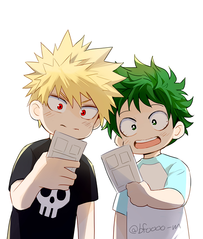 bakugou katsuki ,midoriya izuku multiple boys male focus 2boys blonde hair green hair spiked hair shirt  illustration images