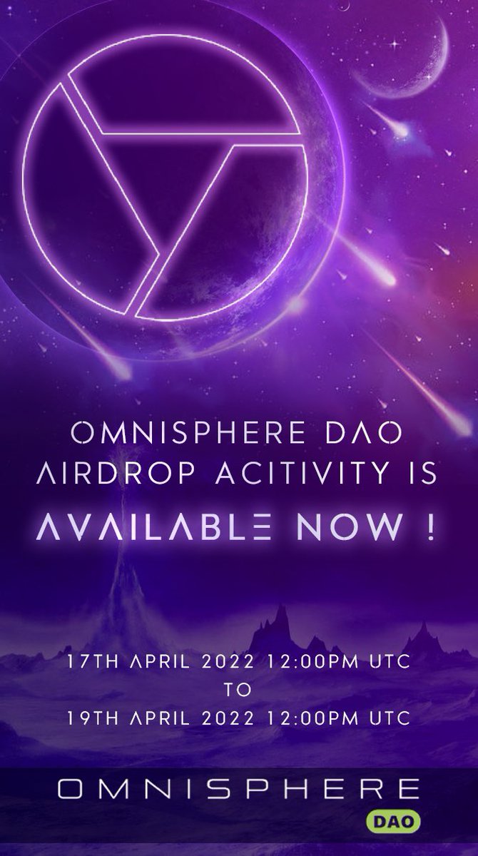 The #OmnisphereDAO #Airdrop event is here!

Duration: 17 April 12:00PM(UTC) - 19 April 12:00PM(UTC)

To enter:
✅FL <a href="/OmnisphereDAO/">OmnisphereDAO</a>, like RT and tag 3 friends
✅Join TG t.me/OmnisphereDaoG…
✅Join DC discord.gg/y69yNejPmA
✅Complete gleam tasks
gleam.io/competitions/B…

#OSPD