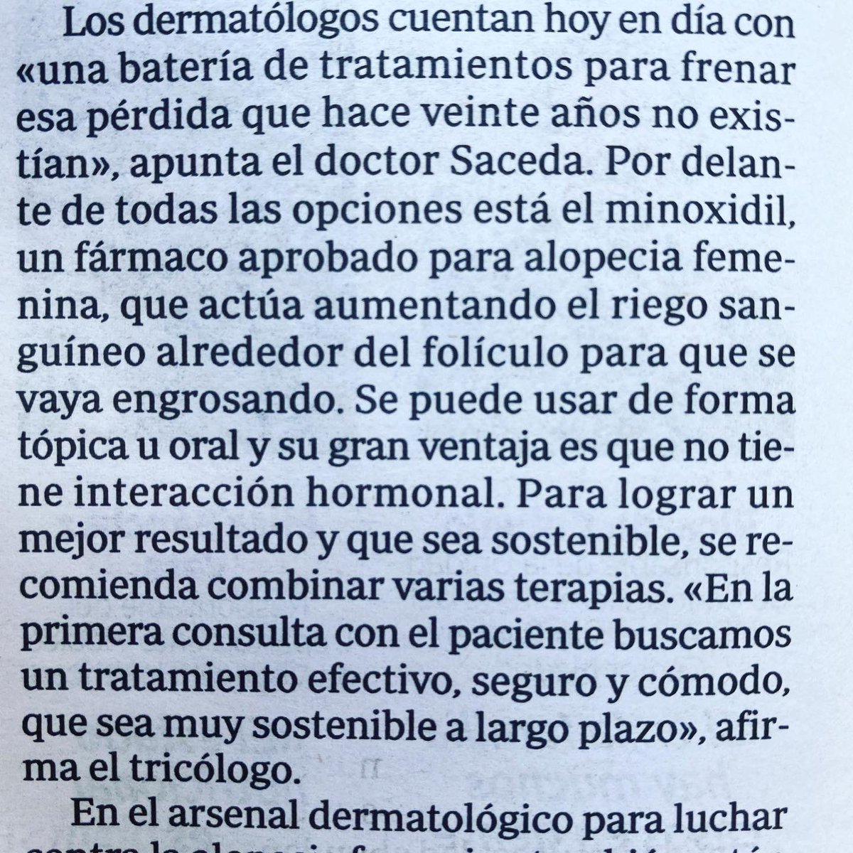 Hoy en el suplemento de #salud de @abc_diario han destacado un problema para muchas mujeres: la #alopeciafemenina. La periodista <a href="/CrisGarridoP/">Cristina Garrido</a> ha resumido las más frecuentes. Me ha encantado poder colaborar con ella. ¡Y además compartiendo espacio con mi amigo <a href="/JuanJCauhe/">Juan Jiménez Cauhé</a>!