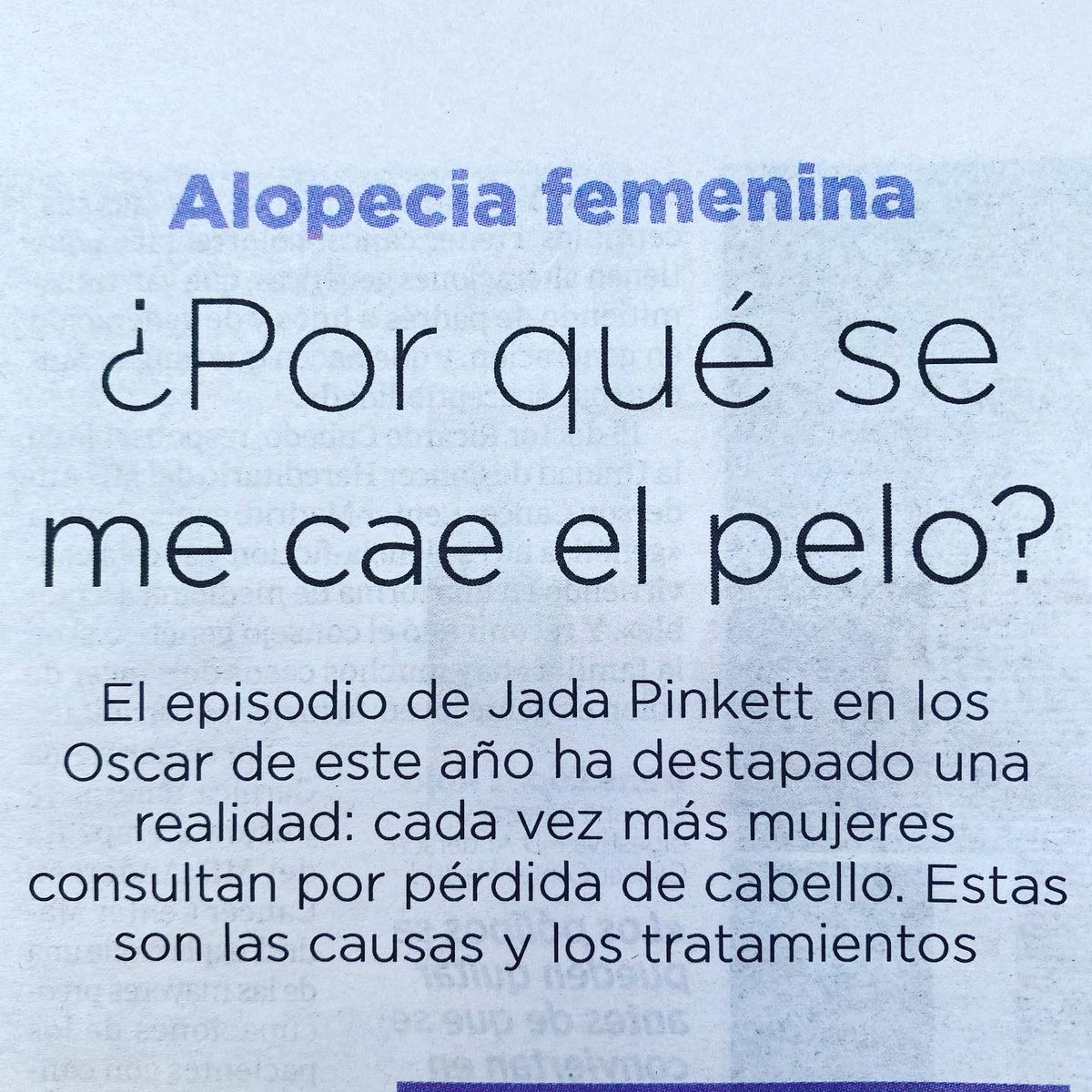 Desaze's tweet photo. Hoy en el suplemento de #salud de @abc_diario han destacado un problema para muchas mujeres: la #alopeciafemenina. La periodista @CrisGarridoP ha resumido las más frecuentes. Me ha encantado poder colaborar con ella. ¡Y además compartiendo espacio con mi amigo @JuanJCauhe! https://t.co/ngFZ8ljclx