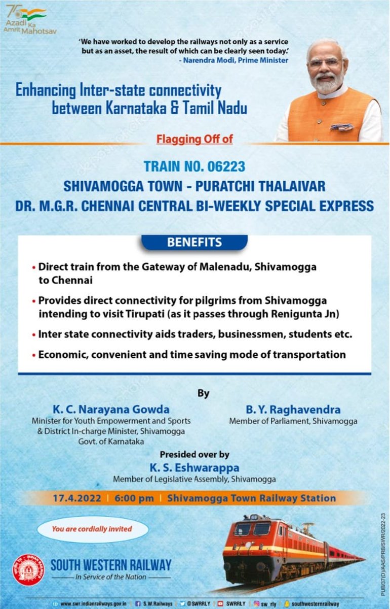 Ministry of Railways (@railminindia) on Twitter photo Enhancing Inter-state connectivity between Karnataka & Tamil Nadu.
Train no. 06223 between Shivamogga Town - Puratchi Thalaivar Dr. M.G.R Chennai Central bi-weekly special express will be flagged off today.
It will provide economic, convenient & time saving transportation. Enhancing Inter-state connectivity between Karnataka & Tamil Nadu.
Train no. 06223 between Shivamogga Town - Puratchi Thalaivar Dr. M.G.R Chennai Central bi-weekly special express will be flagged off today.
It will provide economic, convenient & time saving transportation.