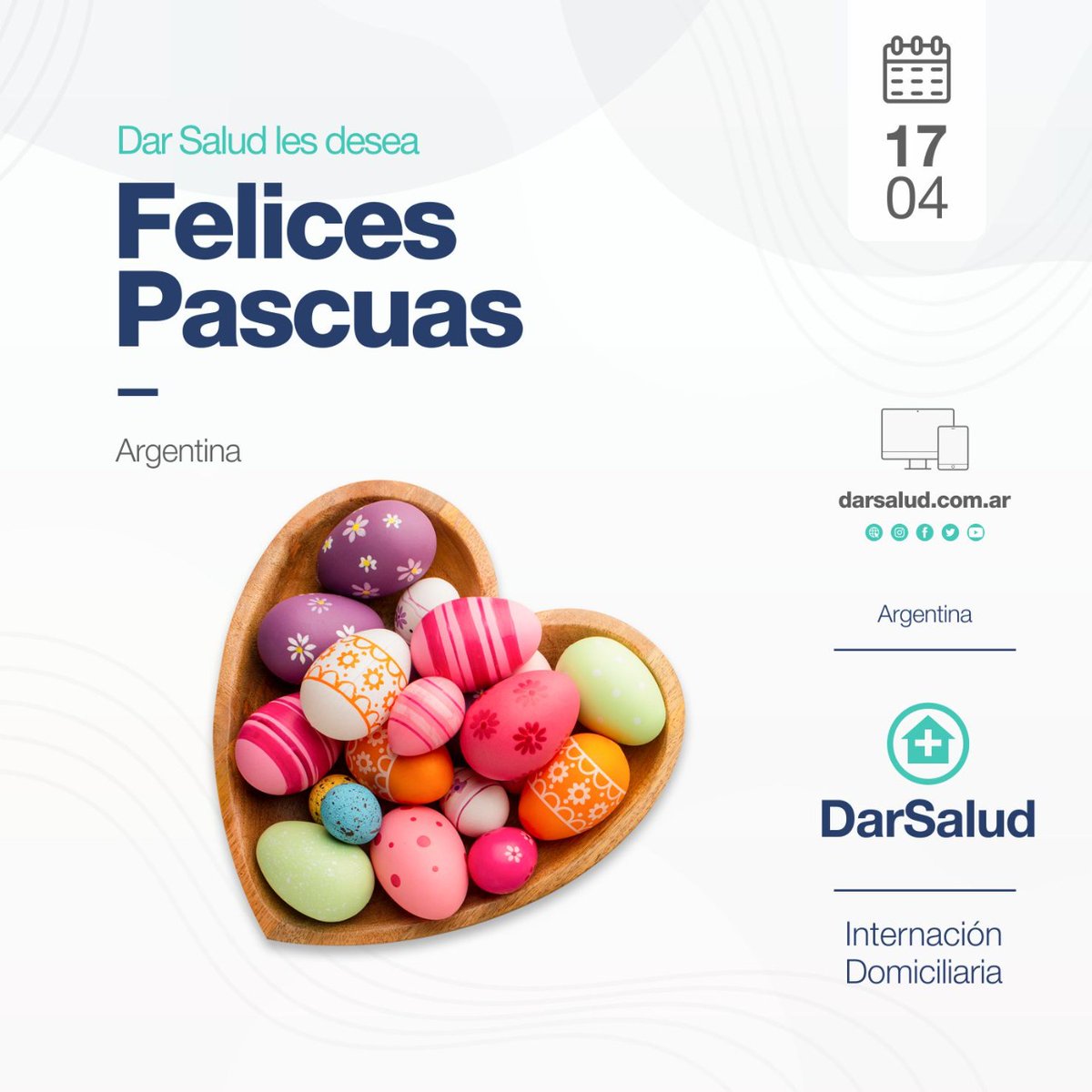 Desde Dar Salud expresamos nuestros deseos de paz para estas Pascuas. Que sea también un momento propicio para la reflexión y el amor junto a los seres queridos.

¡FELICES PASCUAS!