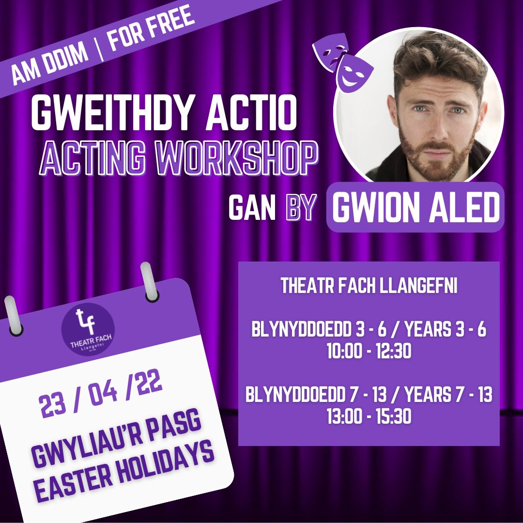 TFLlangefni's tweet photo. 🎭 Gweithdai Actio am ddim ddydd Sadwrn nesaf yn Theatr Fach Llangefni.
Croeso i unrhyw un ymuno - gweithdai cynradd ac uwchradd ar gael.
Cofrestru - https://t.co/4PBnBhJhzF https://t.co/07Hr4PkRhY