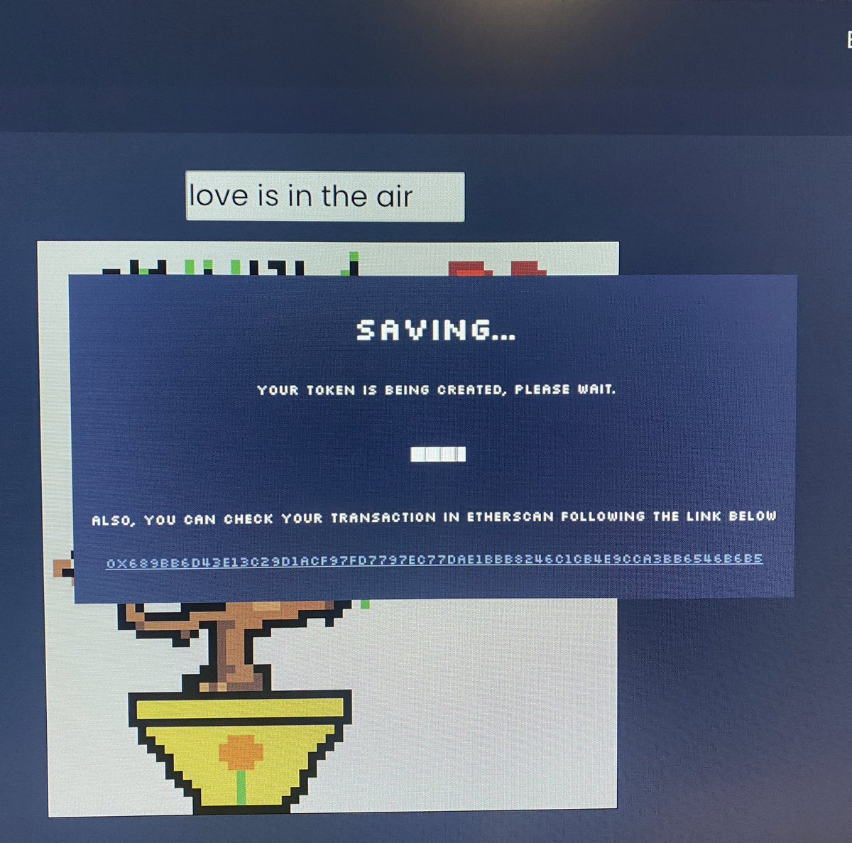 Excited to be minting my first piece of #nft art through <a href="/Pixelchain_Dapp/">PixelChain_dapp</a> 👌👊 #loveisintheair