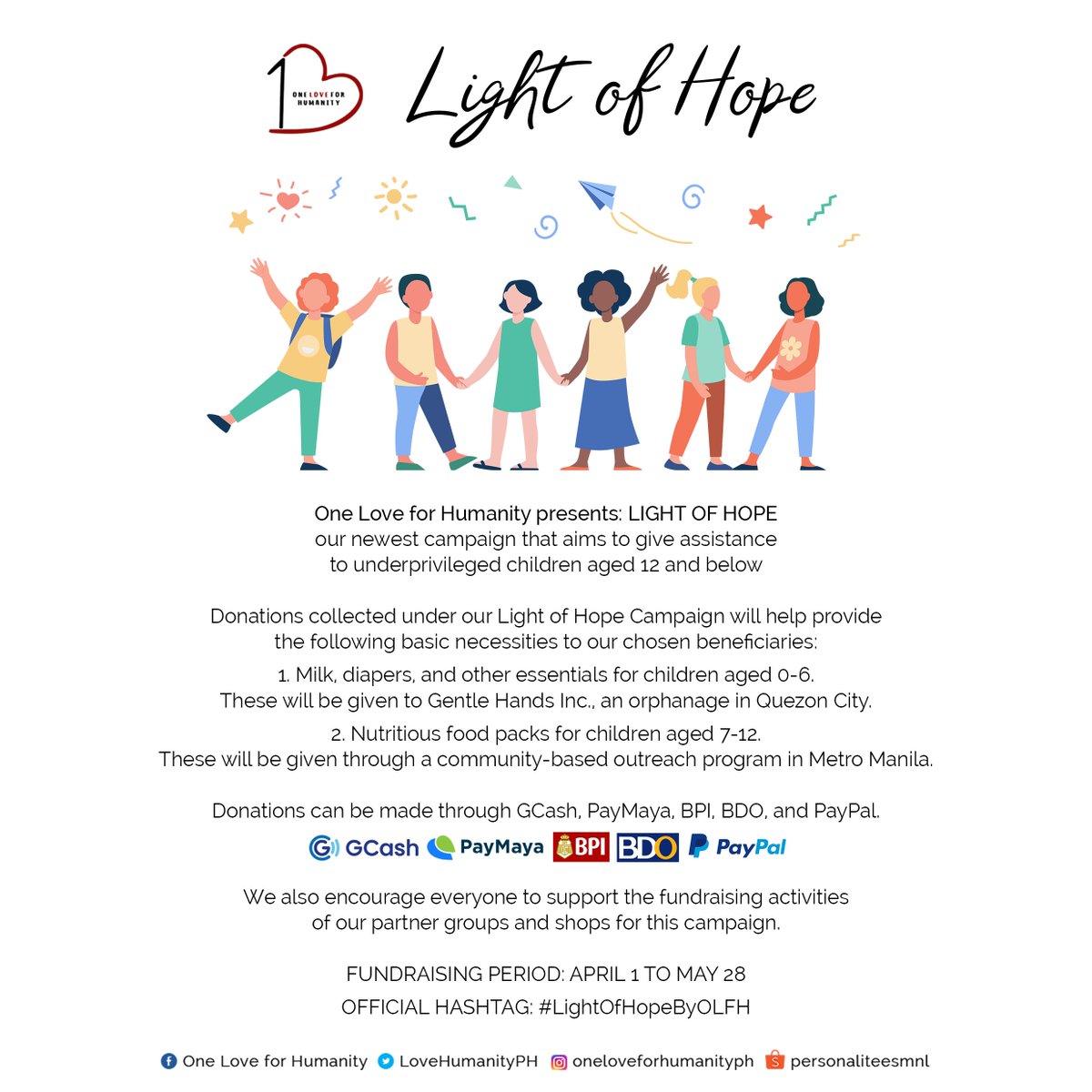 lovehumanityph's tweet photo. One Love for Humanity presents LIGHT OF HOPE, a new campaign that aims to give assistance to underprivileged children aged 12 and below. ❤️

🔗 https://t.co/XAaDyp1jGU

#LightOfHopeByOLFH
#OneLoveForHumanity
#OneLoveForHumanityPH https://t.co/FYjOAy9Wm3