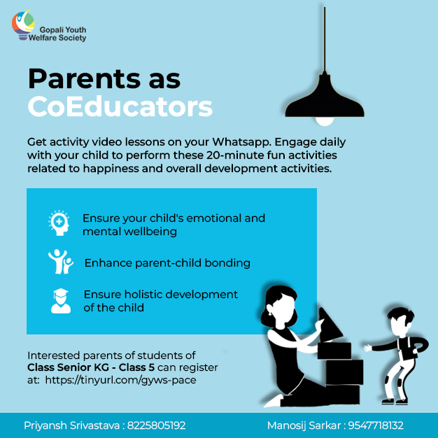 gopali_youth's tweet photo. Gopali Youth Welfare Society brings to you, Parents as Co-Educators, a 6-week program starting on 25 April 2022.
The program is FREE for ALL. Interested parents of students of Class UKG (Senior KG) - Class 5 can register at https://t.co/y4J7NF6CYn
#gyws #pace #ngo #iitkgp #rise https://t.co/fmnGdguvb2