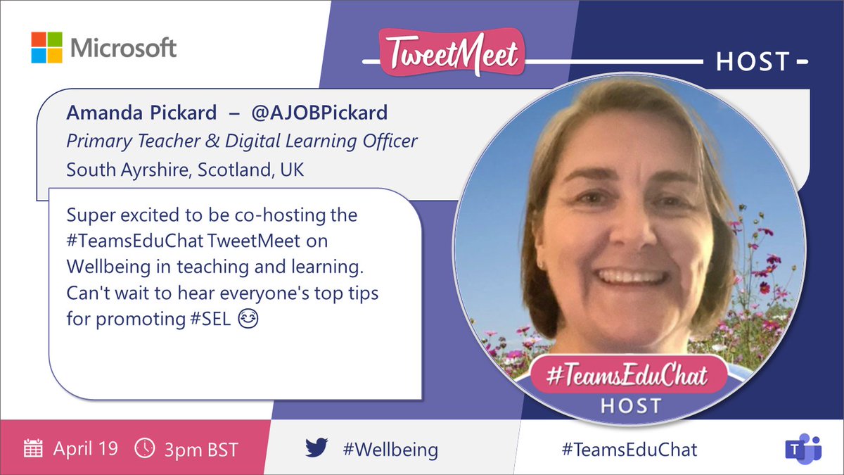 This is me 👇
This Tuesday I'm excited to be co-hosting this months #TeamsEduChat TweetMeet all about #Wellbeing in teaching & learning.
#GlobalStaffroomSunday 

@ItsAmandaMacias @AdGrocott @TissierPt @AllM14891126 @missmbrough