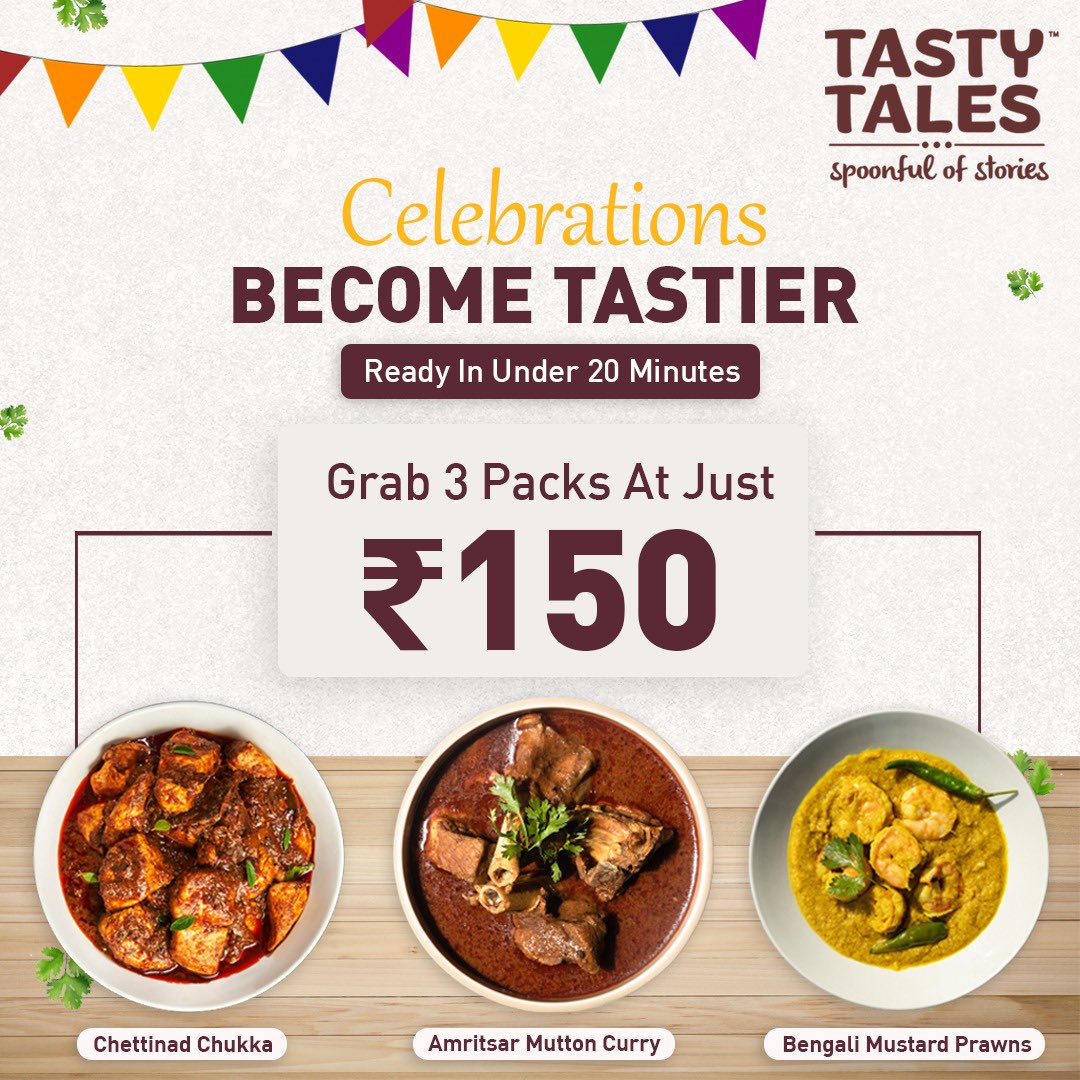Enjoy the festivities with an irresistible offer that you can’t miss. Get your hands on the selective Tasty Tales range at an attractive deal of 3 packs at just Rs 150. Shop At Tasty-Tales.com #TastyTales #Spoonfulofstories #readytocook #readyin20mintues