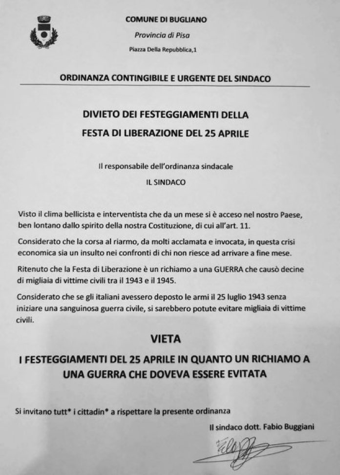Il comune di #Bugliano dà l’esempio. Decisione saggia

#25Aprile #Russia #Ucraina #NATO