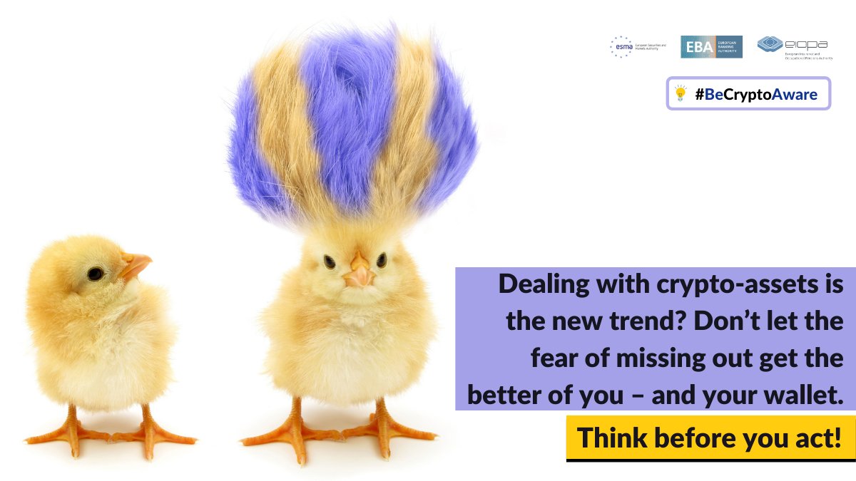 ESMAComms's tweet photo. Don't follow the trends. Create them.
Crypto-assets are highly risky and speculative. We set out steps consumers can take to make informed decisions 🤔
#BeCryptoAware to have a #HappyEaster → https://t.co/mIgeTHw3Xl
#ESMAprotects #cryptocurrency #CryptoNews https://t.co/aUvNrF0dlP