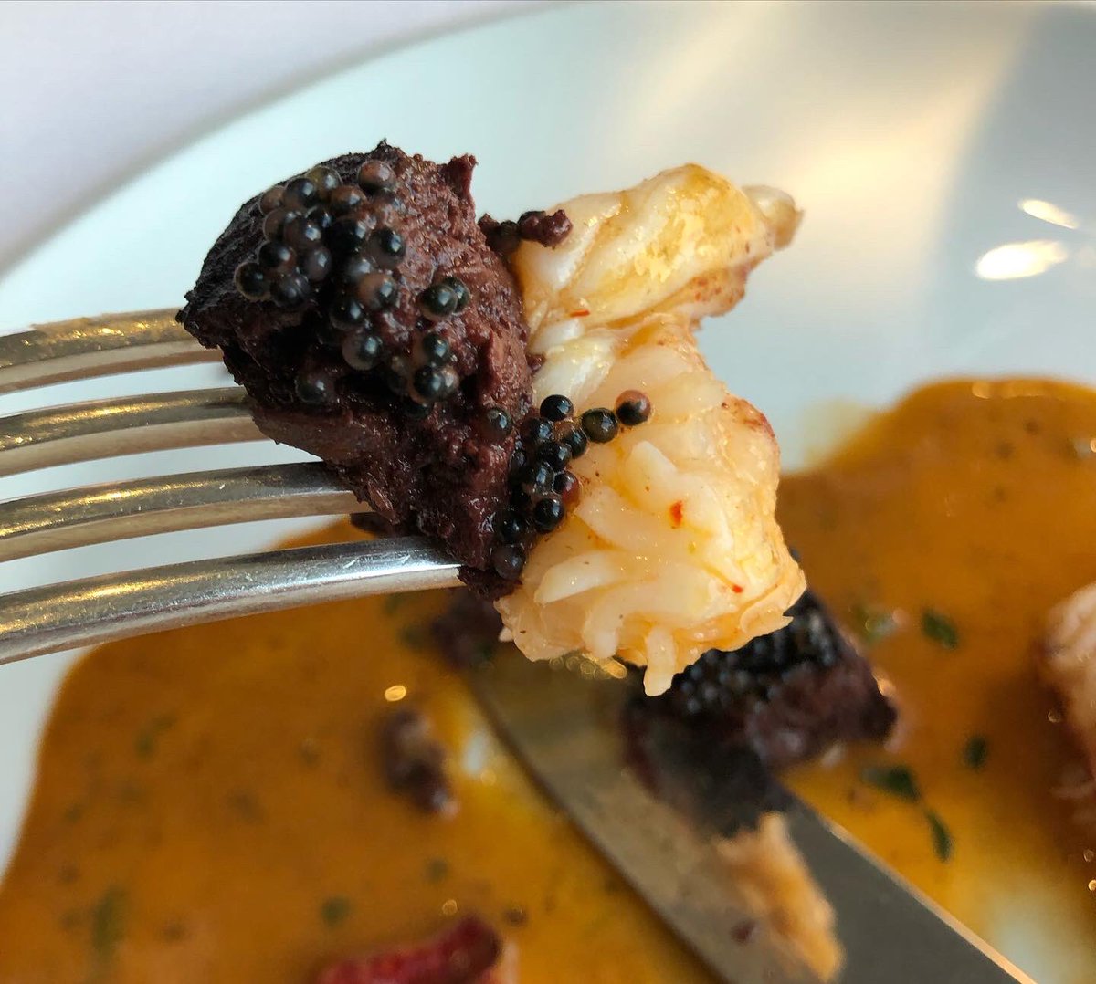 Food_A4thought's tweet photo. Breton Lobster with Pigs Head Ravioli, Black Pudding, Caviar, Crispy Ham, Buckwheat crisp & a Lobster Veloute.
Sweet Lobster, Creamy Boudin Noir (Black pud) and salty Caviar 😋
If you have a tastier forkful of food then 👏🏻
#Lobster #BlackPudding #PigsHeadRavioli #2Michelin⭐️⭐️ https://t.co/uTyOrxTbJj