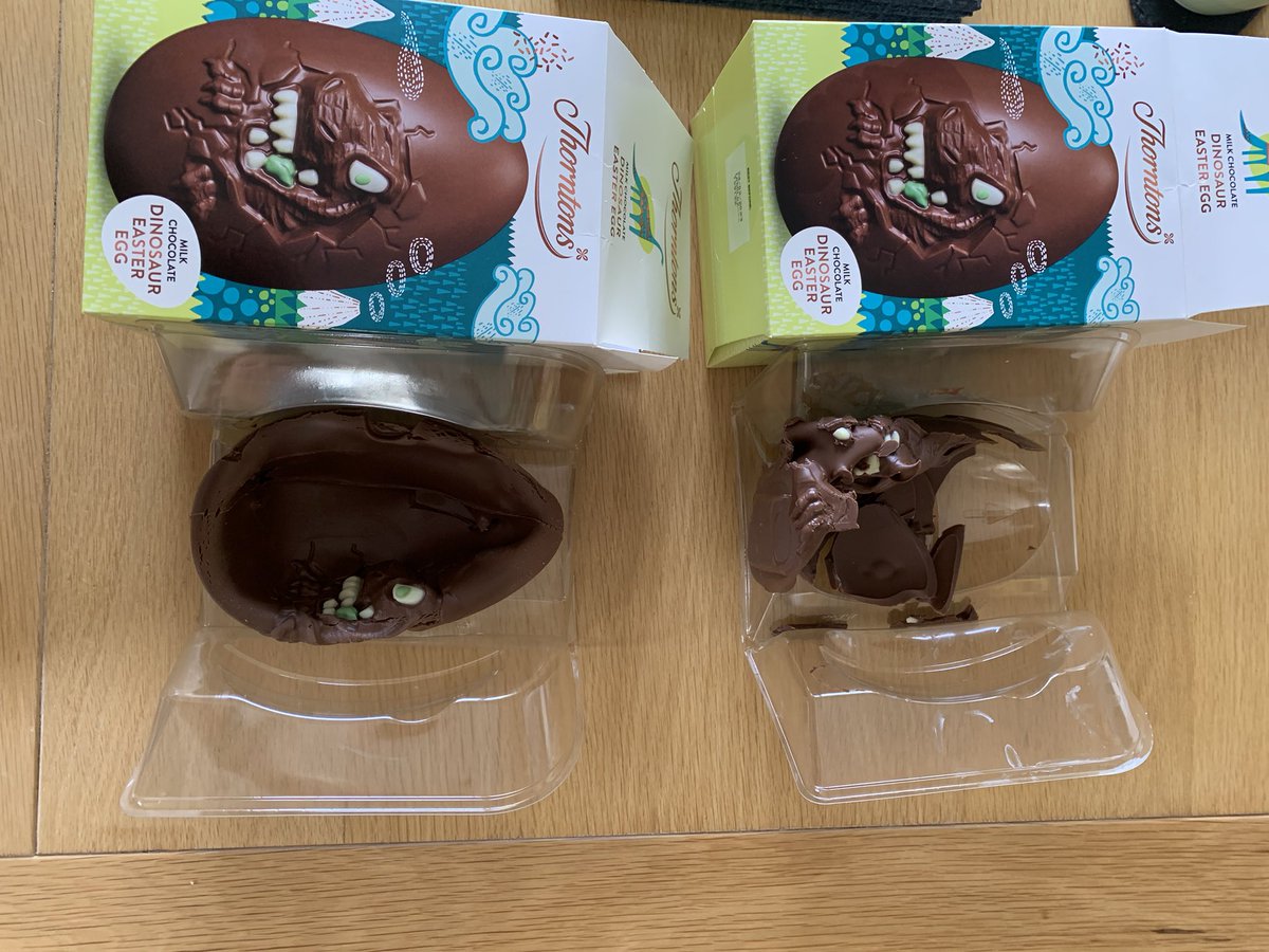 melhugs88's tweet photo. @thorntonschocs I bought these for my twins for Easter on Friday, opened them just now to find two very sad looking eggs ☹️ 

They still taste scrummy, just looking a little deflated 🤣 https://t.co/7qVzD8YOUN