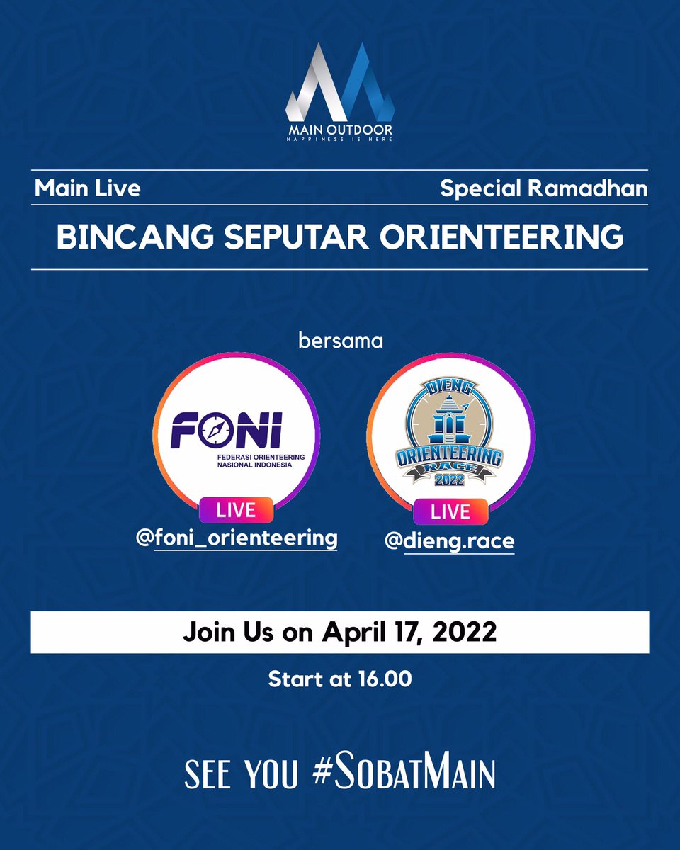 mainoutdoor's tweet photo. #SobatMain hari ini Captain Main akan Live Instagram jam 16:00 bersama Foni Orienteering &amp; Dieng Race yang bertemakan "Bincang Seputar Orienteering" dan akan kupas tuntas event nanti 27-29 Mei 2022.

So jangan sampai kelewatan ya!😎 https://t.co/wKGeABnHm7