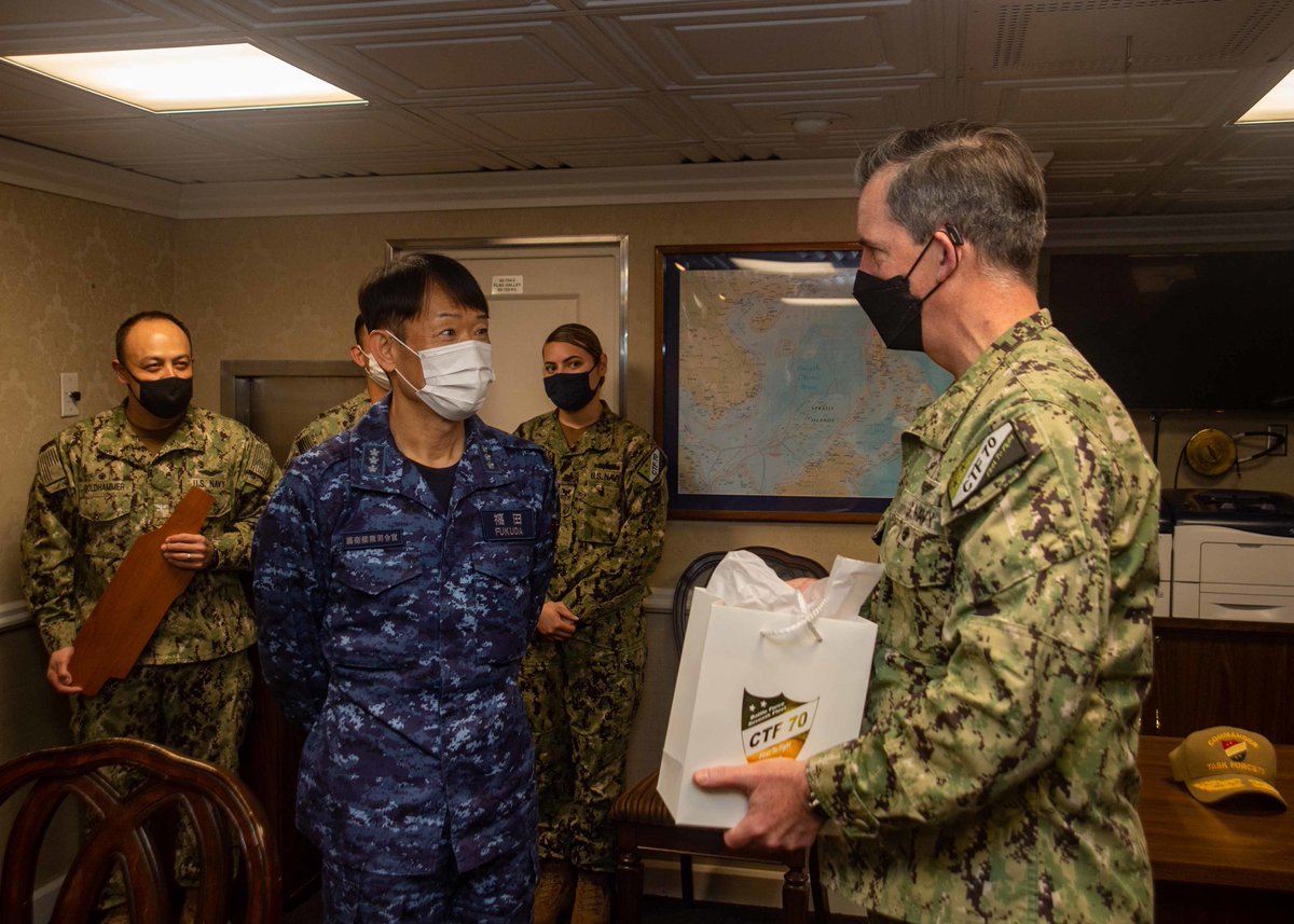 US7thFleet's tweet photo. #CTF70 Rear Adm. Michael Donnelly and CTF 70 staff members conducted flag talks with their counterparts from @jmsdf_pao_eng, Fleet Escort Force, aboard the aircraft carrier @Gipper_76 April 15.
#US7thFleet #FreeandOpenIndoPacific
Read the full story here
https://t.co/nWHEFv9KaN https://t.co/gu0MKlbcsx