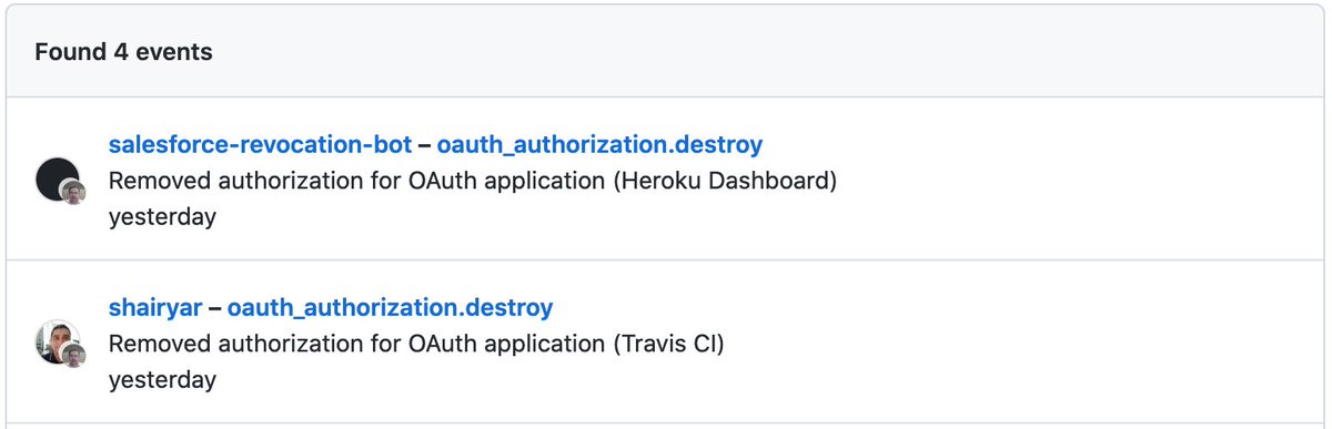 txdjm's tweet photo. @github @iamshairyar @travisci @traviscistatus @github Any idea why the revocations by Michael Shea (salesforce-revocation-bot and @iamshairyar) does not export their details in the security audit log export. https://t.co/UWdk6qgDR6