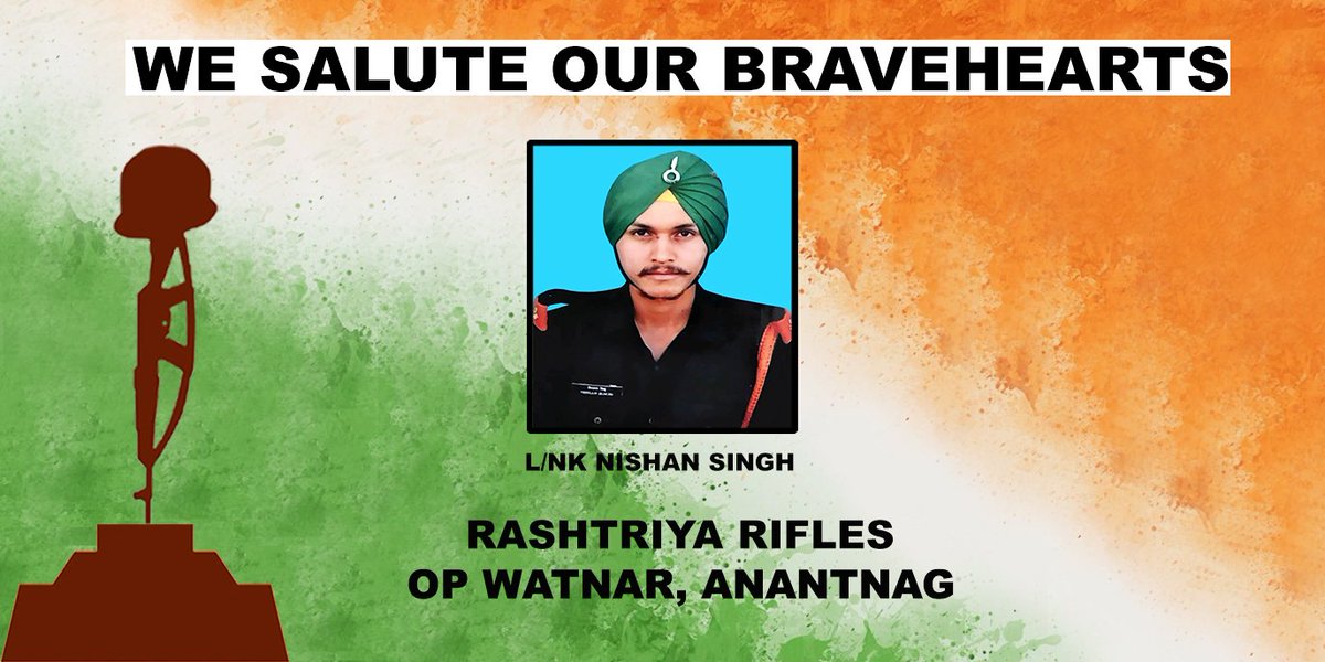 NewsNowJK's tweet photo. #ChinarCorps salutes the valour &amp; sacrifice of L/Nk Nishan Singh, who laid down his life in the line of duty in Op Watnar, #Anantnag in a fierce firefight with terrorists on 16 Apr 22. Condolences to the bereaved family. #Kashmir @adgpi @NorthernComd_IA @ChinarcorpsIA https://t.co/qnU0ANdh0O