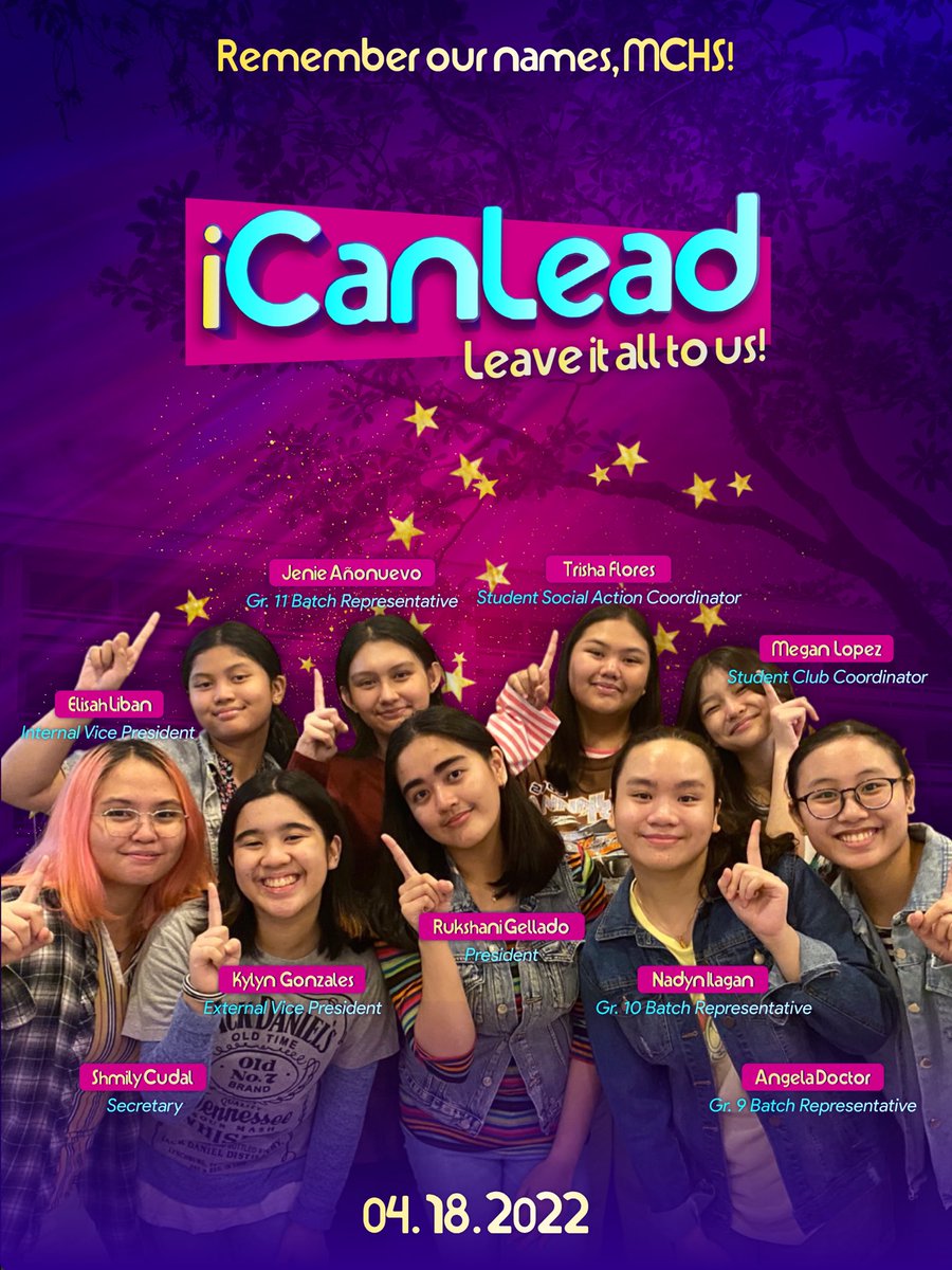 iCanLeadParty's tweet photo. For the last time, we are the iCanLead Party and we are the ONE for YOU.🎬

Rukshani Gellado. Elisah Liban. Kylyn Gonzales. Shmily Cudal. Trisha Flores. Megan Lopez. Jenie Anoñuevo. Nadyn Ilagan. Angela Doctor.

Remember our names on April 18 ‘cause you can leave it all to us.🌟 https://t.co/lUo6962tun
