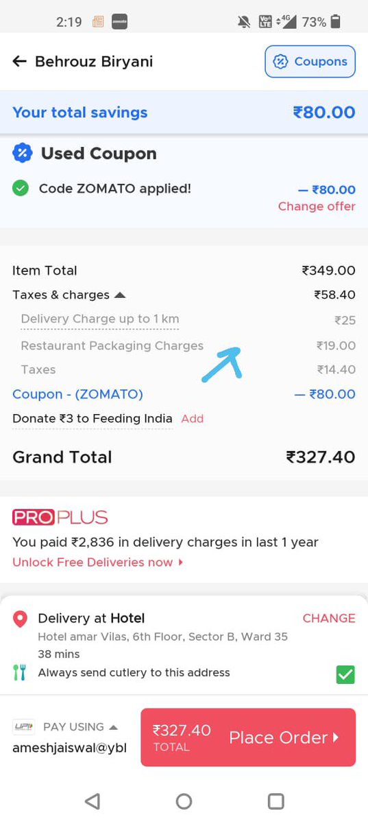AmeshhJ's tweet photo. @zomato @zomatocare @ZomatoProHelp @editionbyzomato konse hotel me parking charges lete hai batana zara….discount ke naam pe bewakuf bana rahe ho https://t.co/qKldg89C5k