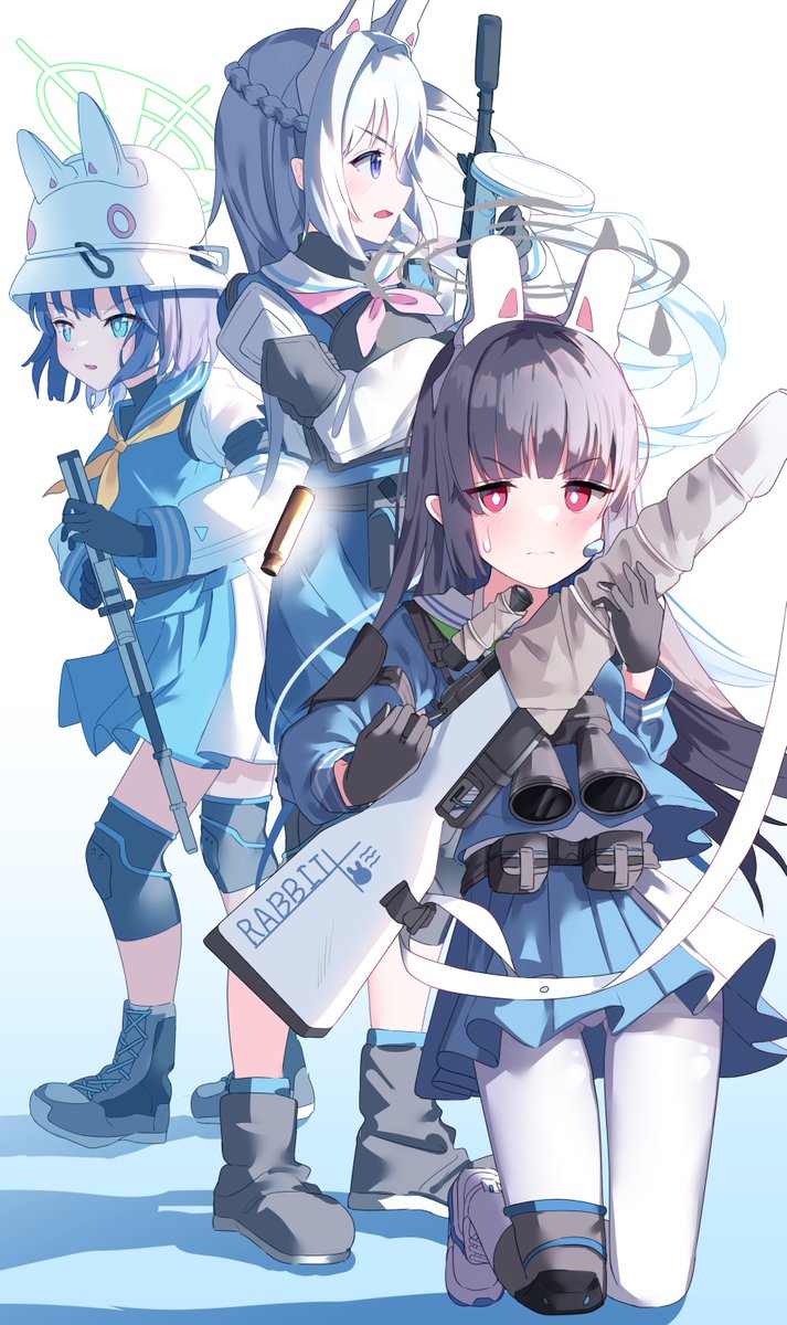 miyu (blue archive) multiple girls knee pads binoculars school uniform 3girls weapon halo  illustration images